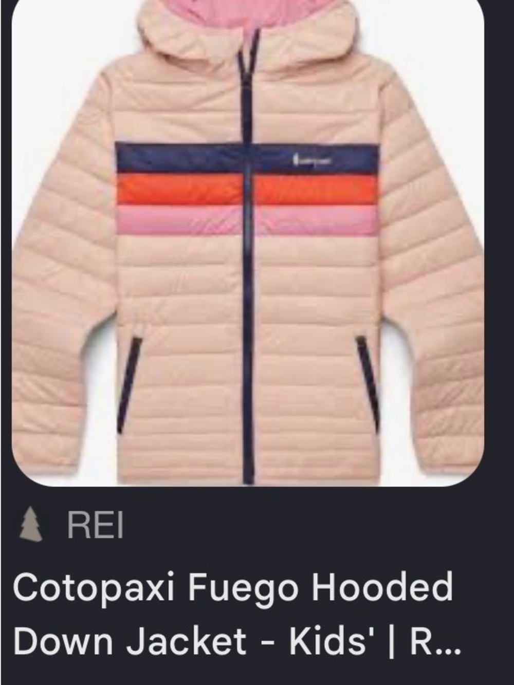 Cotopaxi Kids' Fuego Hooded Down Jacket - Blush with Color-Block Stripes